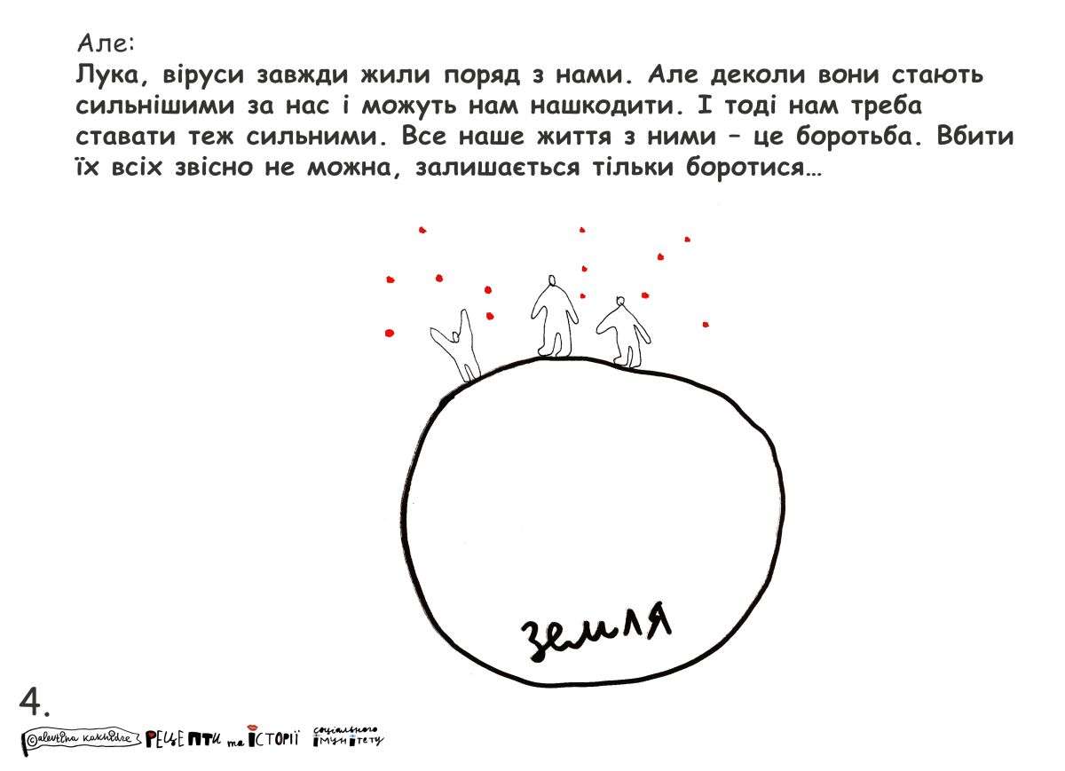 Але: Лука, віруси завжди жили поряд з нами. Але деколи вони стають сильнішими за нас і можуть нам нашкодити. І тоді нам треба ставати теж сильними. Все наше життя з ними — це боротьба. Вбити їх всіх звісно не можна, залишається тільки боротися…