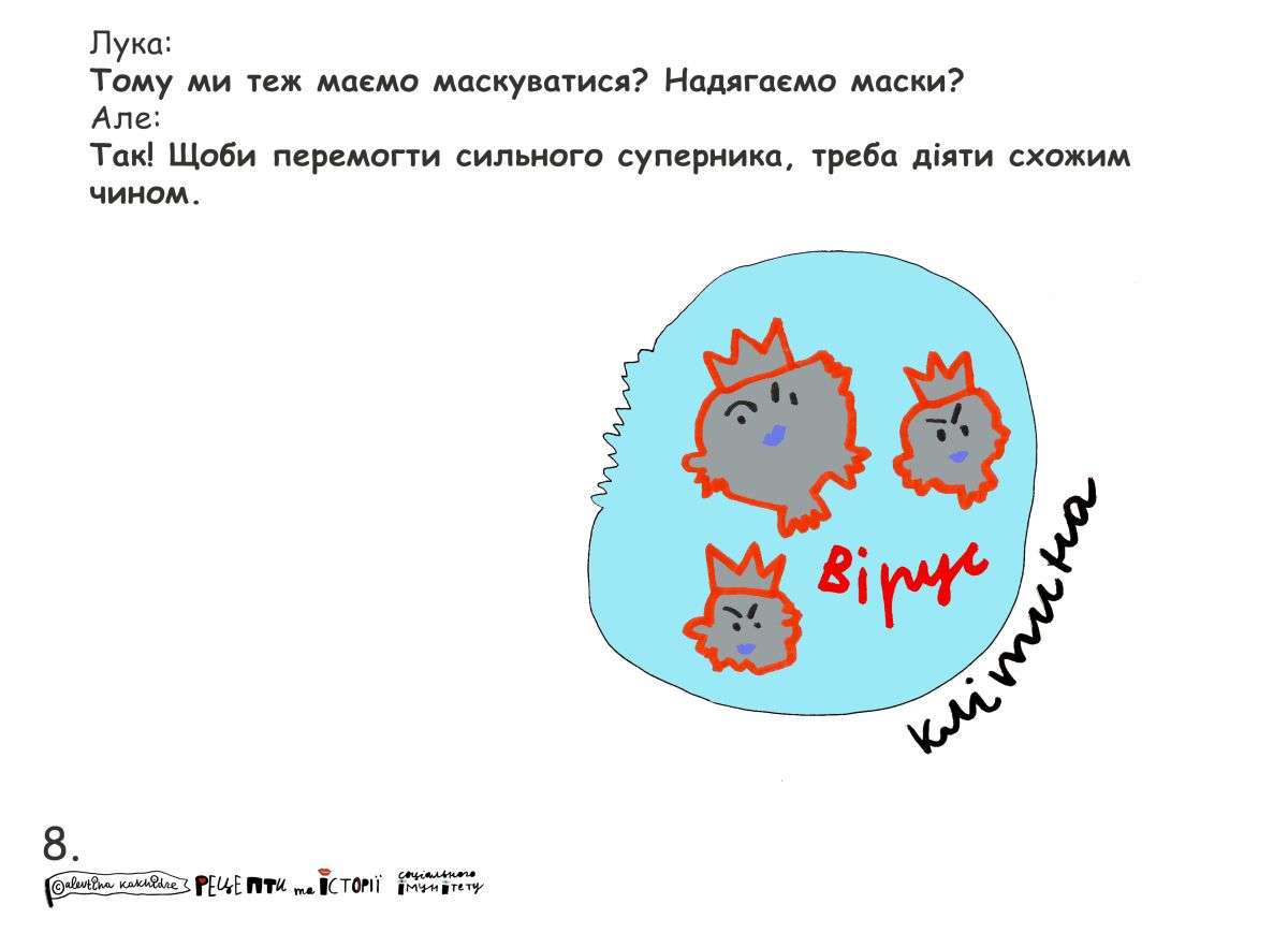Лука: Тому ми теж маємо маскуватися? Надягаємо маски? Але: Так! Щоби перемогти сильного суперника, треба діяти схожим чином.