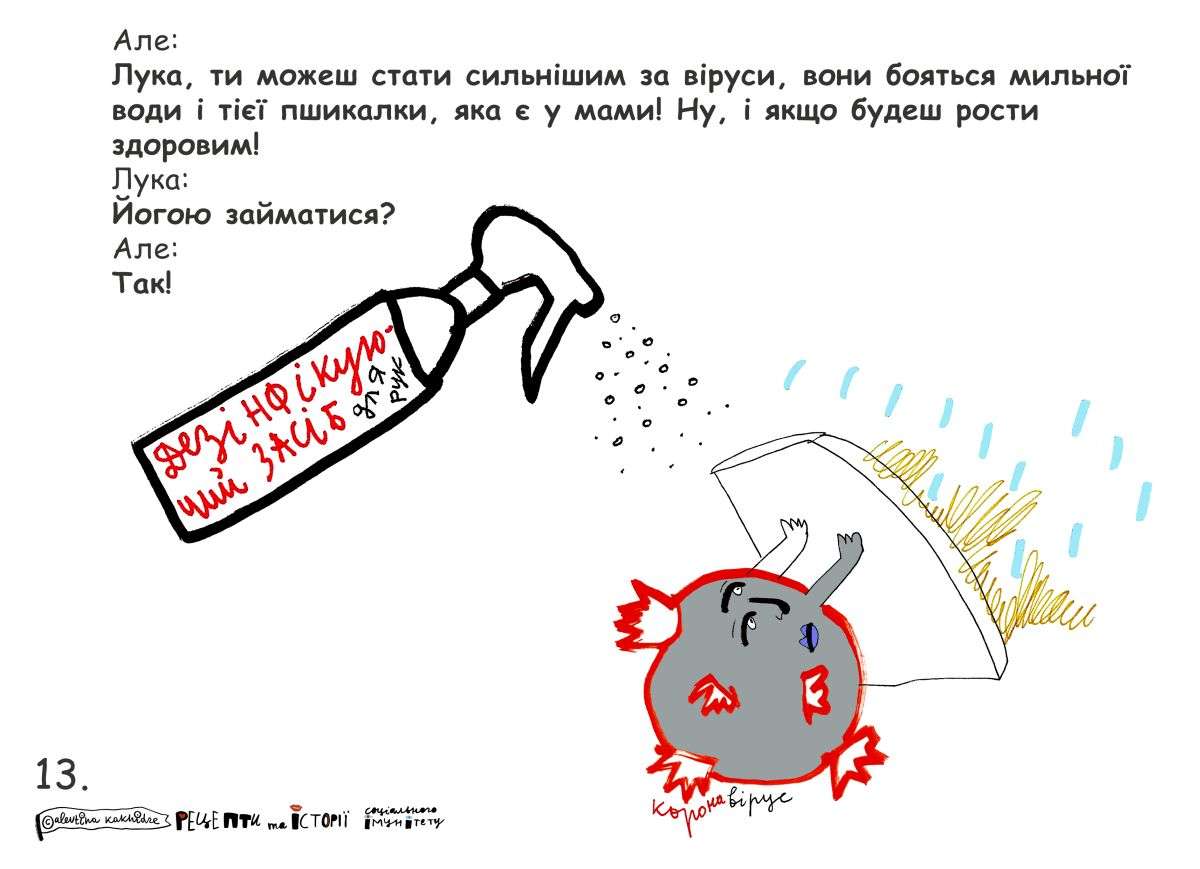 Але: Лука, ти можеш стати сильнішим за віруси, вони бояться мильної води і тієї пшикалки, яка є у мами! Ну, і якщо будеш рости здоровим! Лука: Йогою займатися? Але: Так!