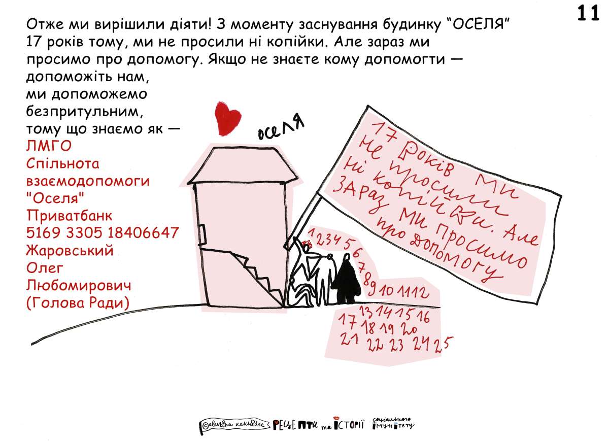 Отже ми вирішили діяти! З моменту заснування будинку “Оселя” 17 років тому, ми не просили ні копійки. Але зараз ми просимо про допомогу. Якщо не знаєте кому допомогти — допоможіть нам, ми допоможемо безпритульним, тому що знаємо як — ЛМГО Спільнота взаємодопомоги “Оселя” Приватбанк 5169 3305 1840 6647 Жаровський Олег Любомирович (Голова Ради)