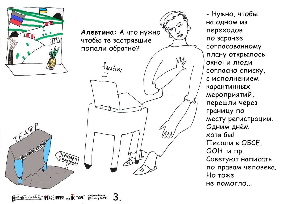 Алевтина: А что нужно чтобы те застрявшие попали обратно? — Нужно, чтобы на одном из переходов по заранее согласованному плану открылось окно: и люди согласно списку, с исполнением карантинных мероприятий, перешли через границу по месту регистрации. Одним днём хотя бы! Писали в ОБСЕ, ООН и пр. Советуют написать по правам человека. Но тоже не помогло…
