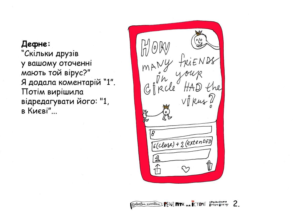 Дефне: «Скільки друзів у вашому оточенні мають той вірус?» Я додала коментарій «1». Потім вирішила відредагувати його: «1, в Києві»…